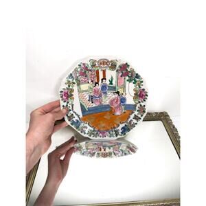 Vintage Chinese Rose Mandarin 8” Porcelain Tray 20th Century w/ Qianlong Mark